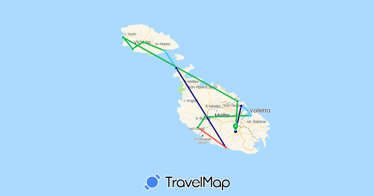 TravelMap itinerary: driving, bus, hiking, boat in Malta (Europe)